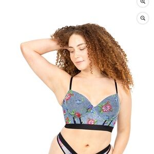 Plus size Floral Longline Bralette in Blue with Black Tim